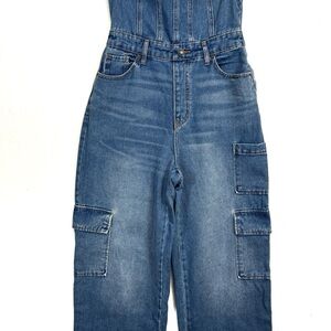 Wild Fable Denim Jean Jumpsuit Women's XS Cargo Wide Leg Strapless Y2K Blue 29"